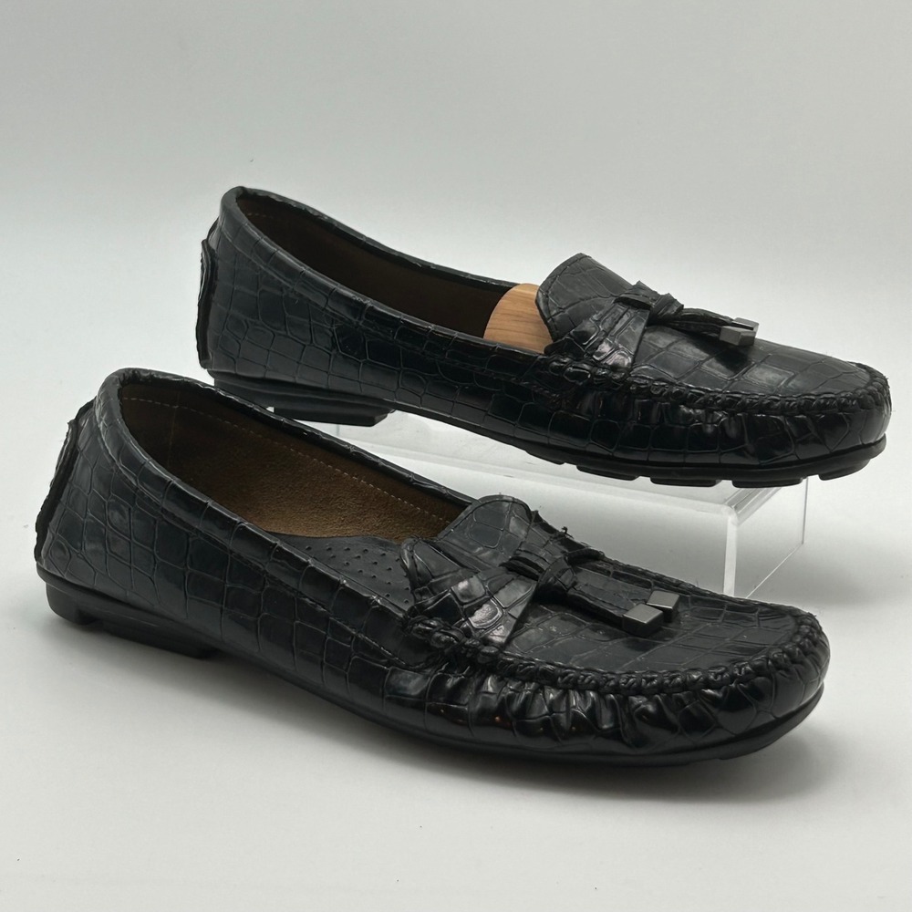 VTG St Johns Bay Loafers Women 8.5 Black Croc Embossed Tassel Driving Mocs Prepp